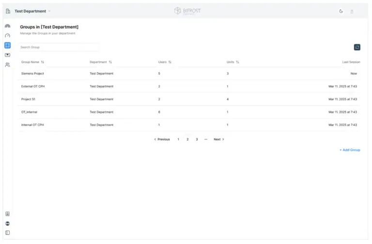 Screenshot of the BifrostConnect Manager Groups page showing a searchable list of department groups with columns for users, units, and last session, plus pagination and an Add Group button.