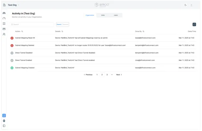 Screenshot of the BifrostConnect Manager Activity page showing a list of recent administrative events, including subnet mapping changes and Direct Tunnel status updates, with details, user names, timestamps, and pagination controls.